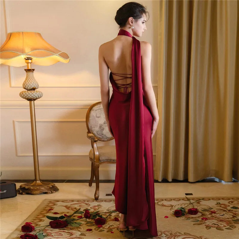 Scarf Collar Backless Solid Long Dress Mssaz Desses