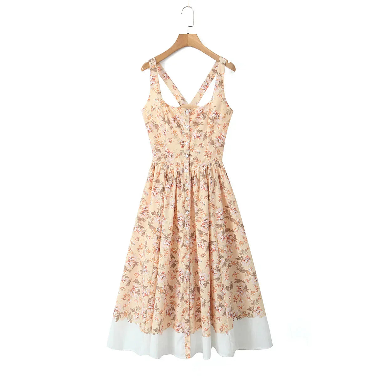 Slash Collar Flower Print Corset Style Pleated Midi Dress Mssaz Desses