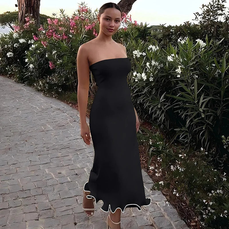 Frill Trim Tube Midi Dress Mssaz Desses