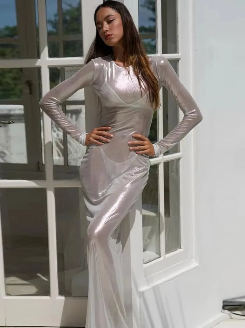 O-neck Full Sleeve Solid Color Mesh Dress Mssaz Desses