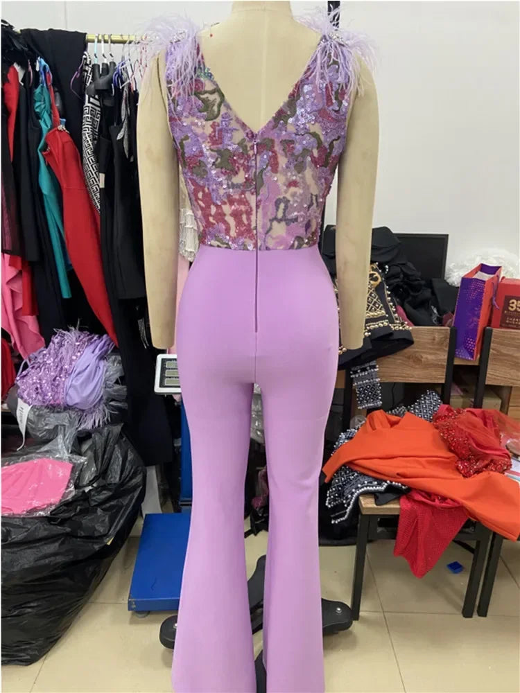 Sleeveless Sequins Feathers Lavender Jumpsuit Mssaz Desses