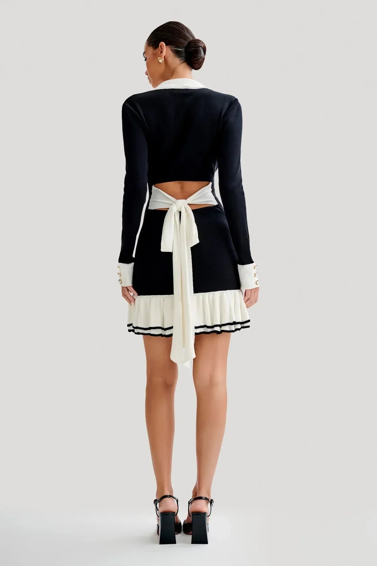 Ruffled Contrast Bow Open Back Lace-Up Knit Mini Dress Mssaz Desses