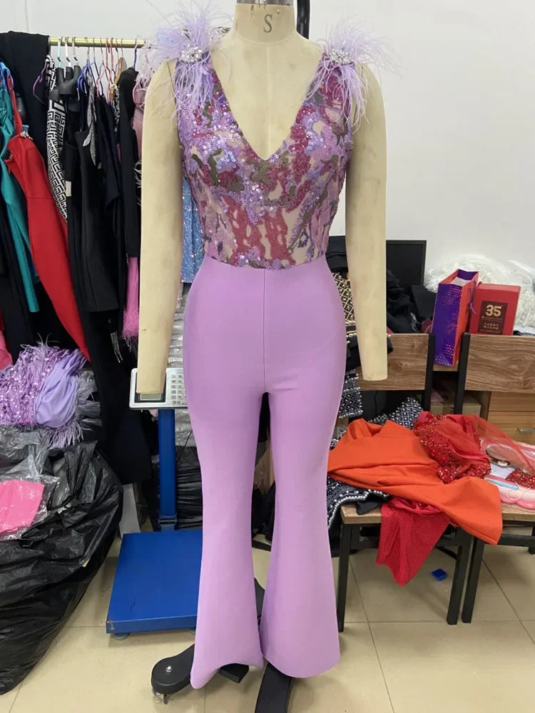 Sleeveless Sequins Feathers Lavender Jumpsuit Mssaz Desses