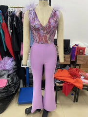 Sleeveless Sequins Feathers Lavender Jumpsuit Mssaz Desses
