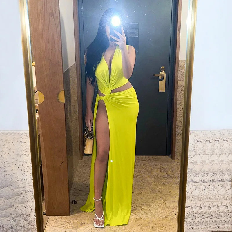 Deep V Cut Out Slit Asymmetrical Long Dress Mssaz Desses