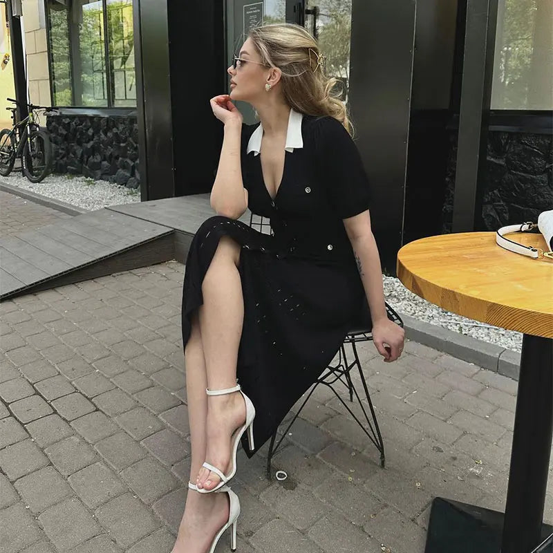Ribbed Contrast Collar Short Sleeve Buttoned Midi Dress Mssaz Desses