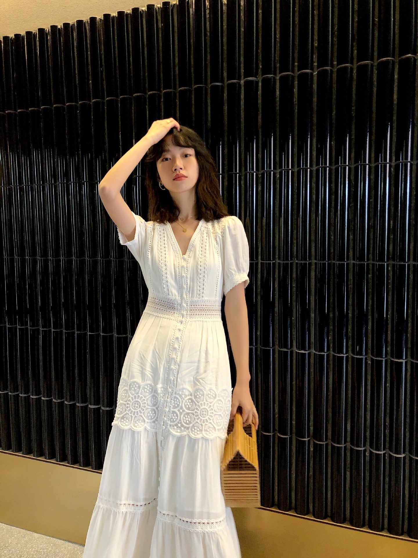 Cotton Patchwork Lace Dresses V-Neck Lantern Sleeve Maxi Dress Mssaz Desses