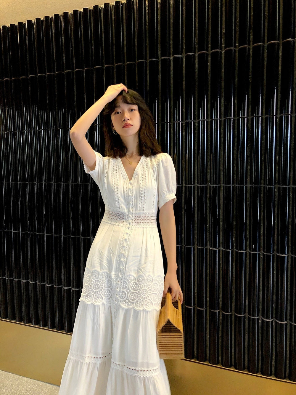 Cotton Patchwork Lace Dresses V-Neck Lantern Sleeve Maxi Dress Mssaz Desses