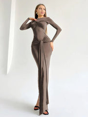 Long Sleeve Pleated Draped Maxi Dress Mssaz Desses