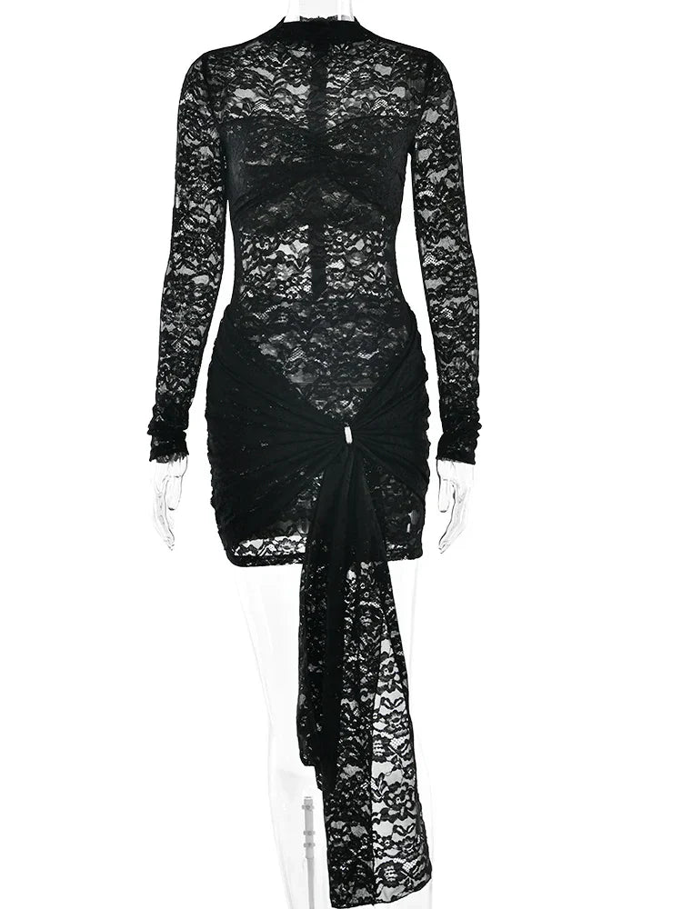 Lace Black Long Sleeve Print Floral Dress Mssaz Desses