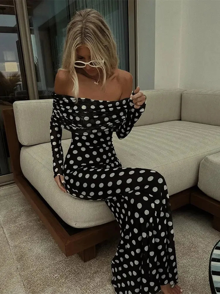 Polka Dots Off Shoulder Long Sleeves Maxi Dress Mssaz Desses