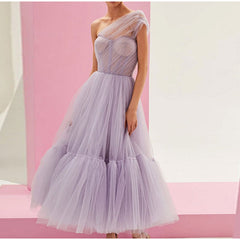 One Shoulder Tulle Mesh Evening Party A-Line Tutu Dress Mssaz Desses