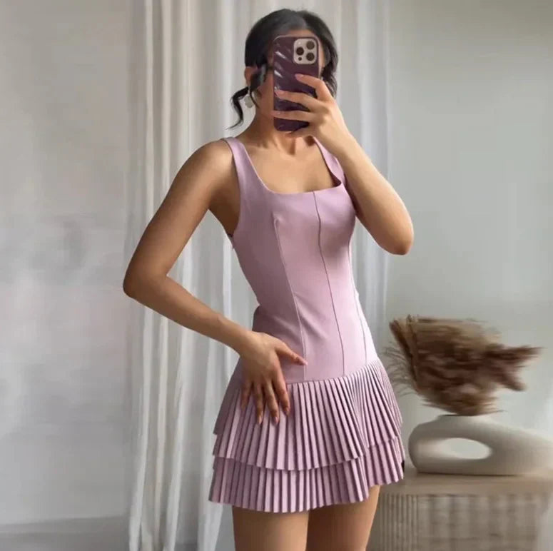 Square Collar Sleeveless Pleated Short Dress Mssaz Desses