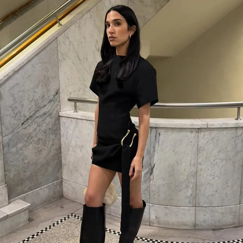 Short Sleeve Draped Black Metal Buckle Mini Dress Mssaz Desses