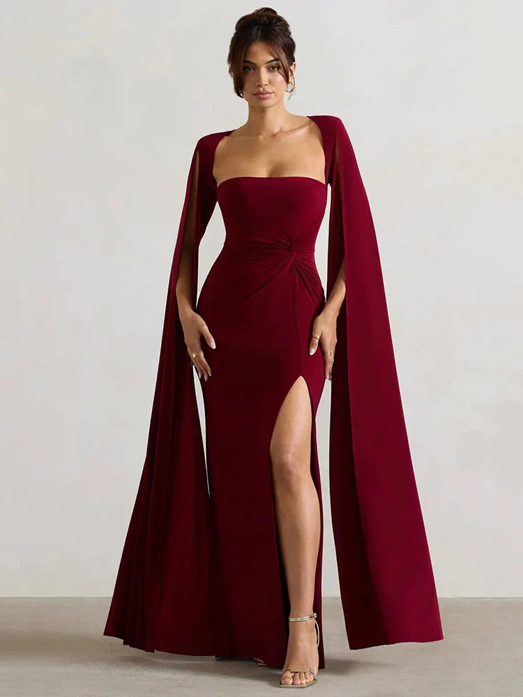 Elegant Cape Sleeve Maxi Dress with High Split Mssaz Desses