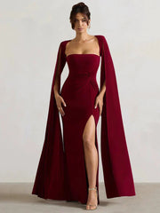 Elegant Cape Sleeve Maxi Dress with High Split Mssaz Desses