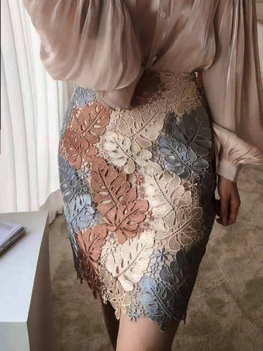 Bi-material Floral Lace Mini/Knee Luxury Pencil Skirt Mssza