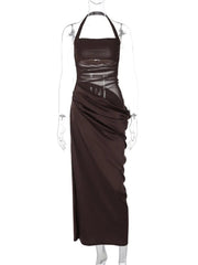 Mesh Patchwork Backless Halter Bodycon Gown Mssaz Desses