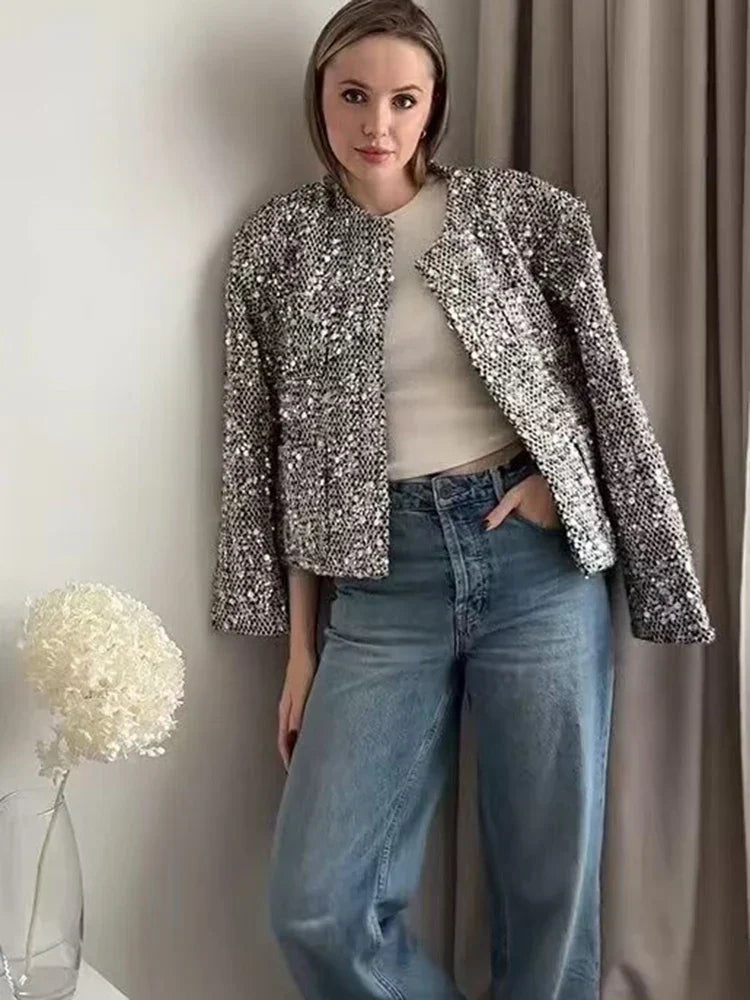 Silver Sequin Embellished Round Neck Short Coat Mssaz Desses