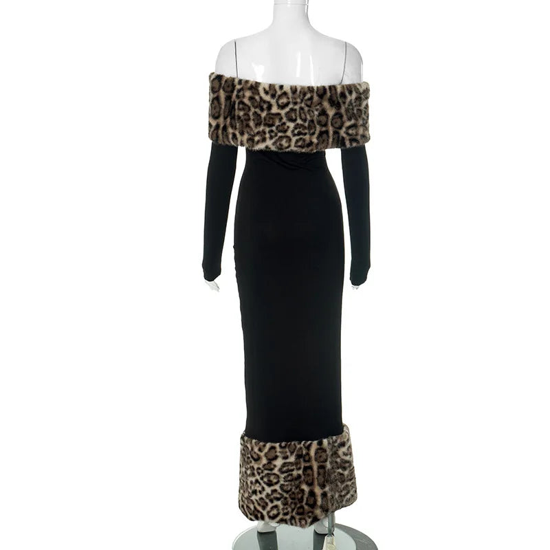 Leopard Print Fluff Splicing Maxi Dress Mssaz Desses