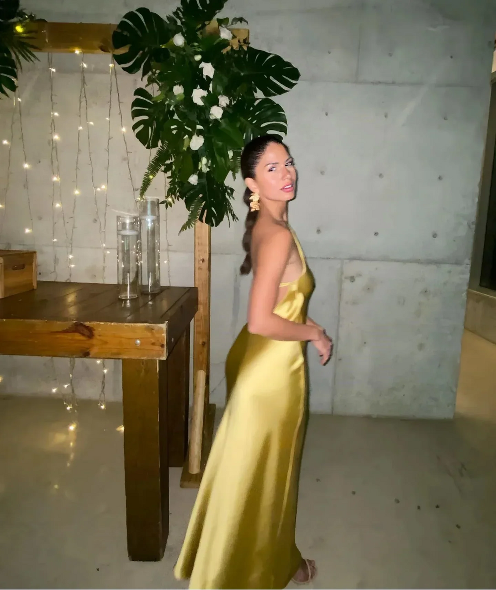 Backless Satin Slant Shoulder Solid Slit Long Dress Mssaz Desses