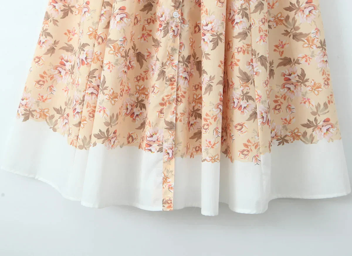 Slash Collar Flower Print Corset Style Pleated Midi Dress Mssaz Desses