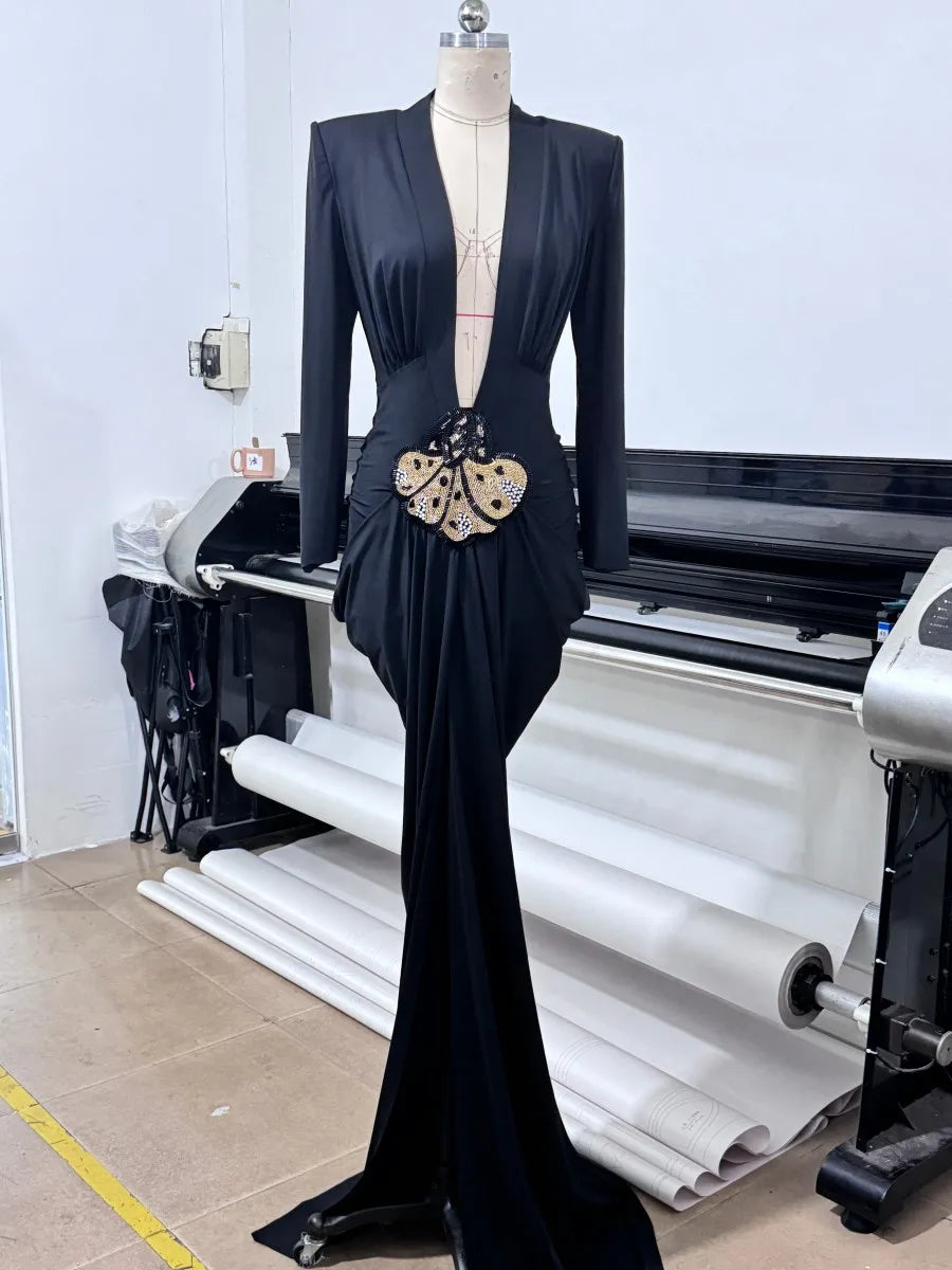 Deep V Neck Long Sleeves Black Maxi Dress Party Gown Mssaz Desses