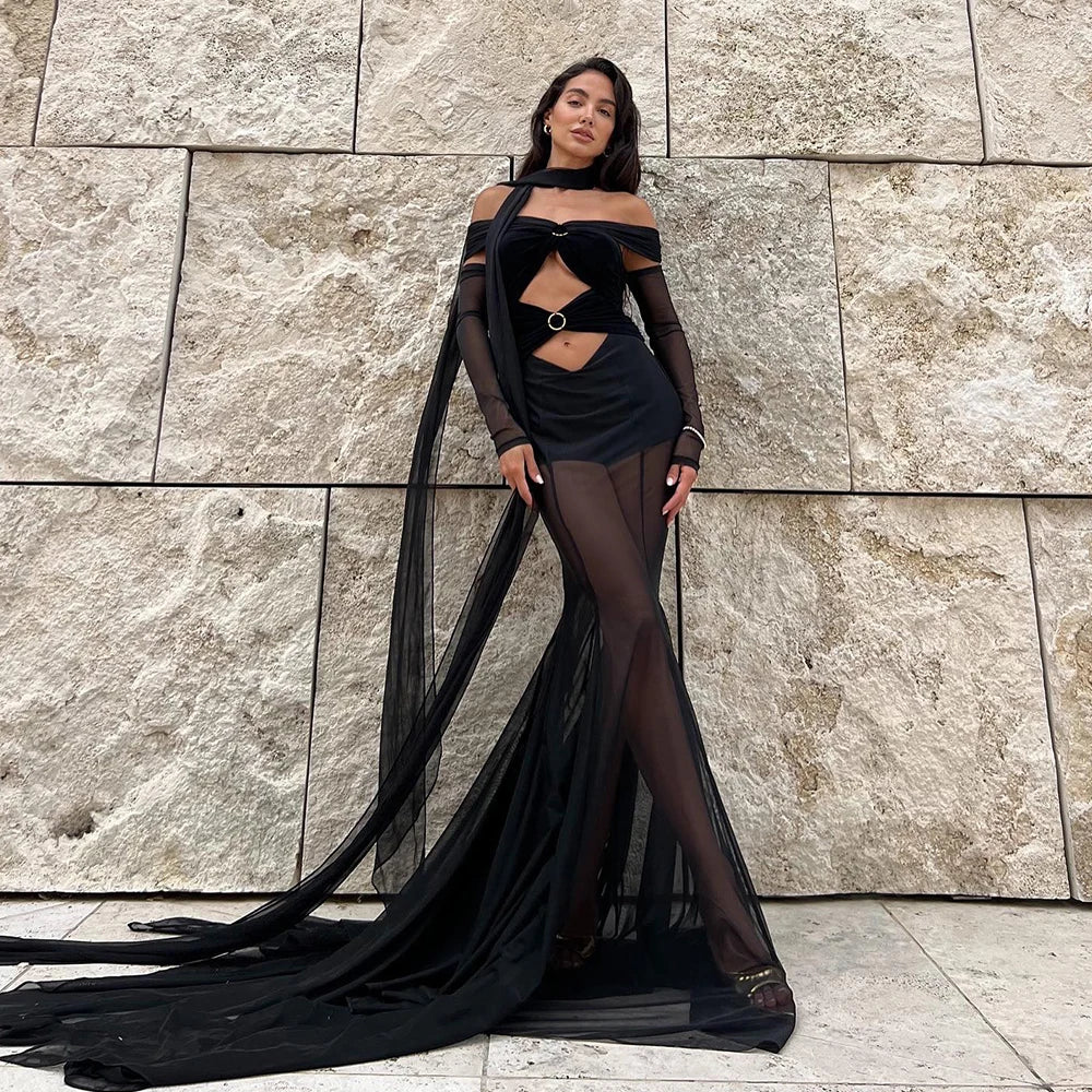 Off The Shoulder Mesh Folded Scarf Maxi Dress Mssaz Desses