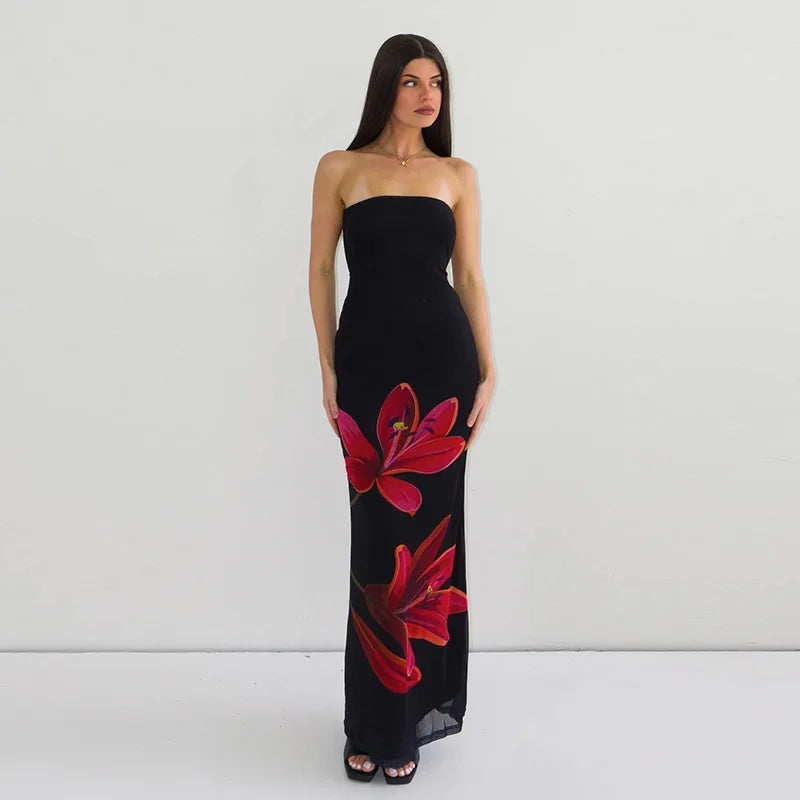 Black Tube Flower Print Back Tie Up Maxi Dress Mssaz Desses