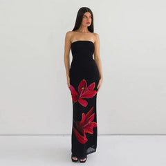 Black Tube Flower Print Back Tie Up Maxi Dress Mssaz Desses