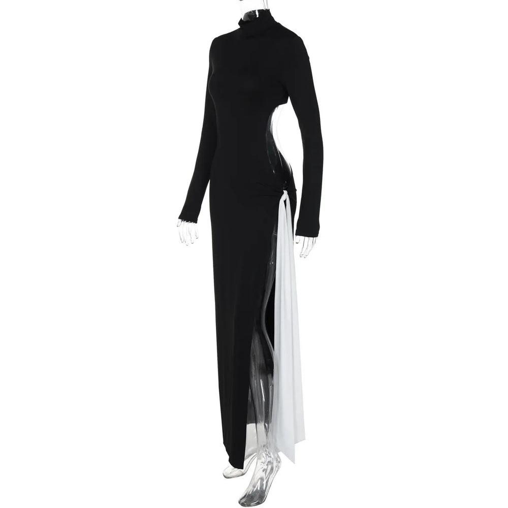 Turtleneck High Slit Contrast Color Ribbon Dress Mssaz Desses