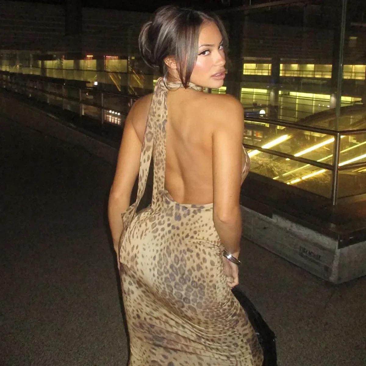 Halter Leopard Embellished Long Dress Mssaz Desses