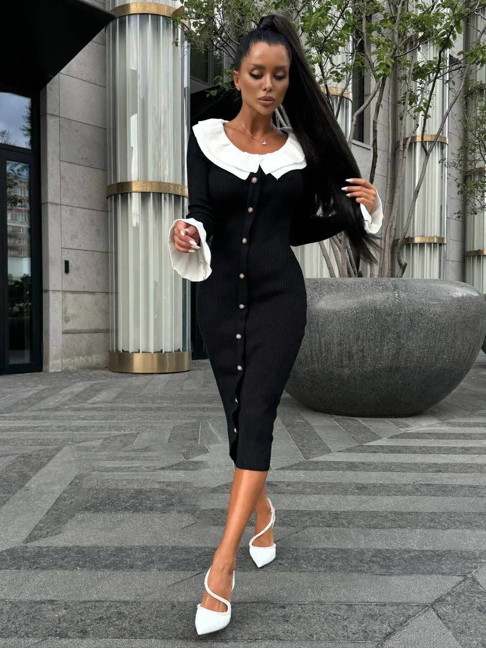 Patchwork Contrast Ribbed Midi Dress Mssaz Desses