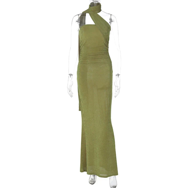 Halter Green Off-shoulder Backless Long Dress Mssaz Desses