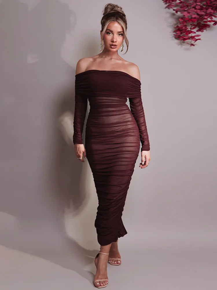 Off-shoulder Slash Neck Solid Maxi Dress Mssaz Desses