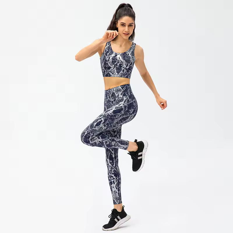 Plated Printing Snake Pattern Hip Lifting High Waist Slimming Bra Yoga Pants Set Mssza