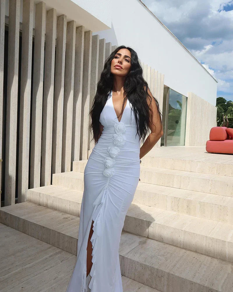 White Floral Halter Sleeveless Ruffled Long Dress Mssaz Desses