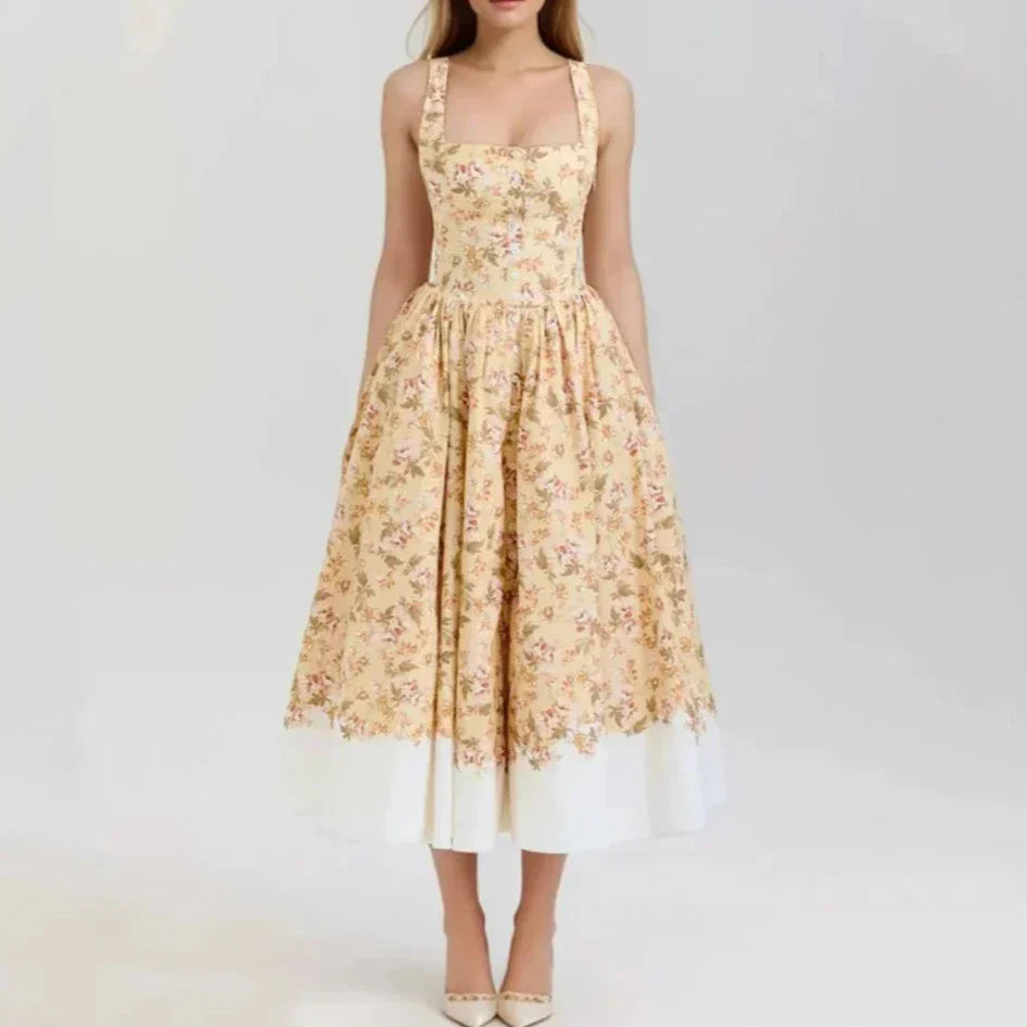 Slash Collar Flower Print Corset Style Pleated Midi Dress Mssaz Desses