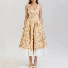 Slash Collar Flower Print Corset Style Pleated Midi Dress Mssaz Desses