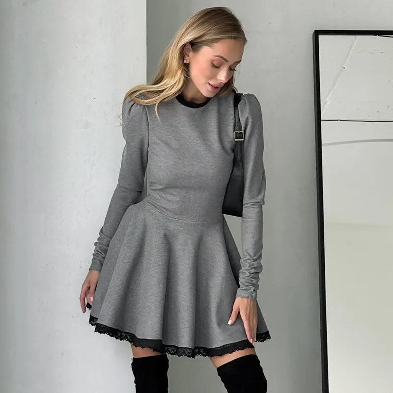 Patchwork Gray Long Sleeve A-line Mini Dress Mssaz Desses