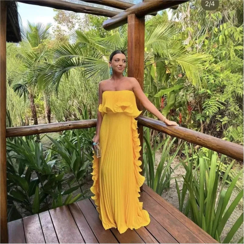 Pleated Chiffon Long Ruffled Strapless Dress Mssaz Desses