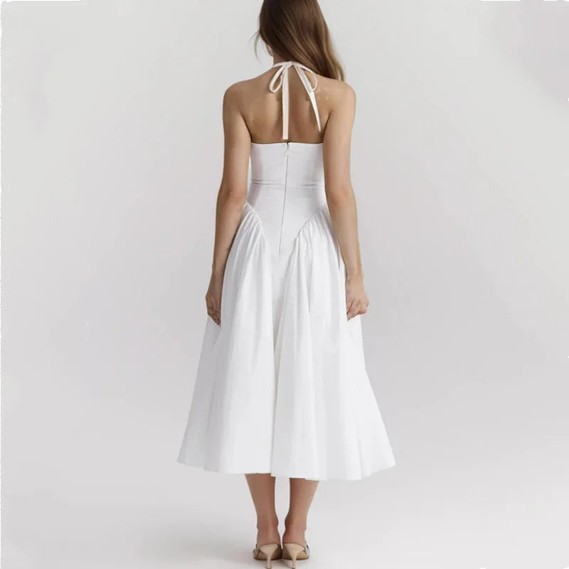 White Bow Halter Neck Pleated Midi Dress Mssaz Desses