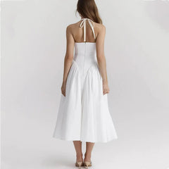 White Bow Halter Neck Pleated Midi Dress Mssaz Desses