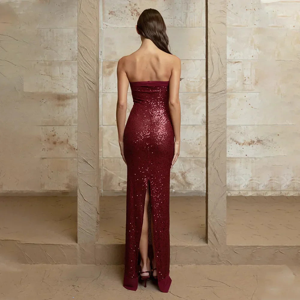 Strapless Sequin Slit Backless Dress Mssaz Desses