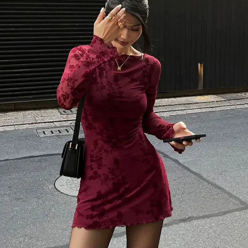 Wine Red Print Long Sleeves Knitted Dress Mssaz Desses
