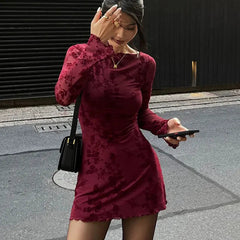 Wine Red Print Long Sleeves Knitted Dress Mssaz Desses