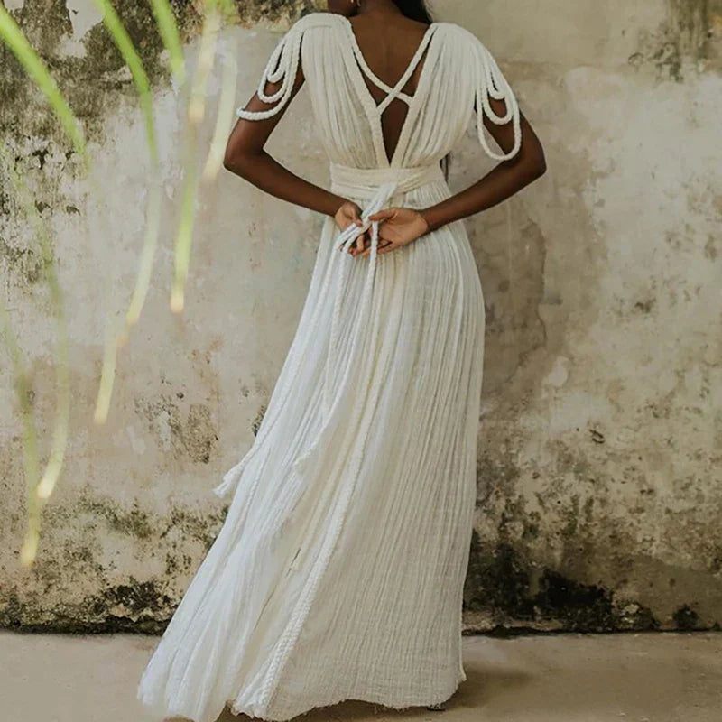 Solid Split Pleated Bandage Long Dress Mssaz Desses