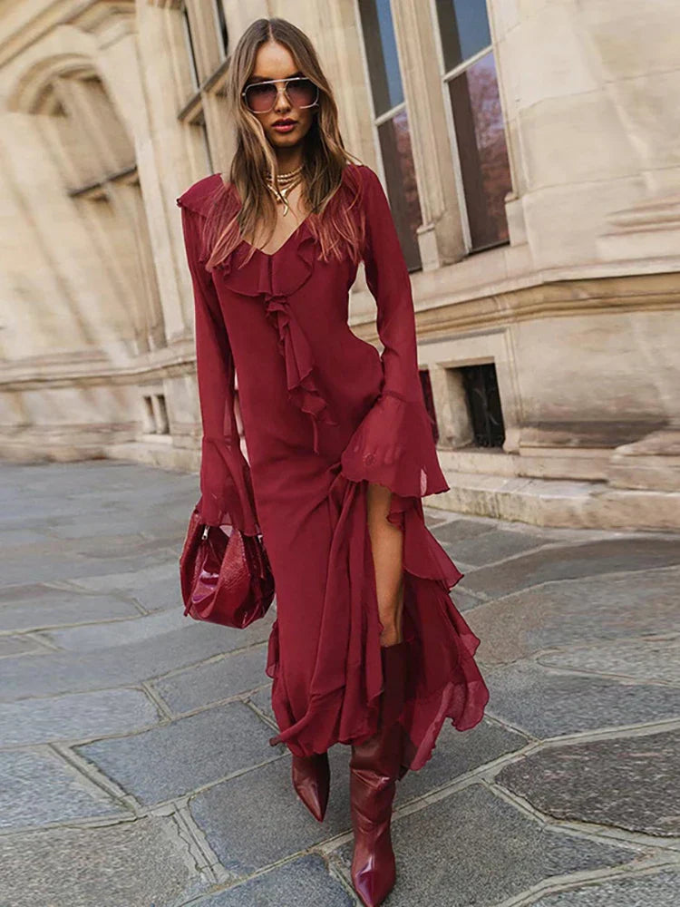 Ruffles Red Flare Sleeve Maxi Dress Mssaz Desses
