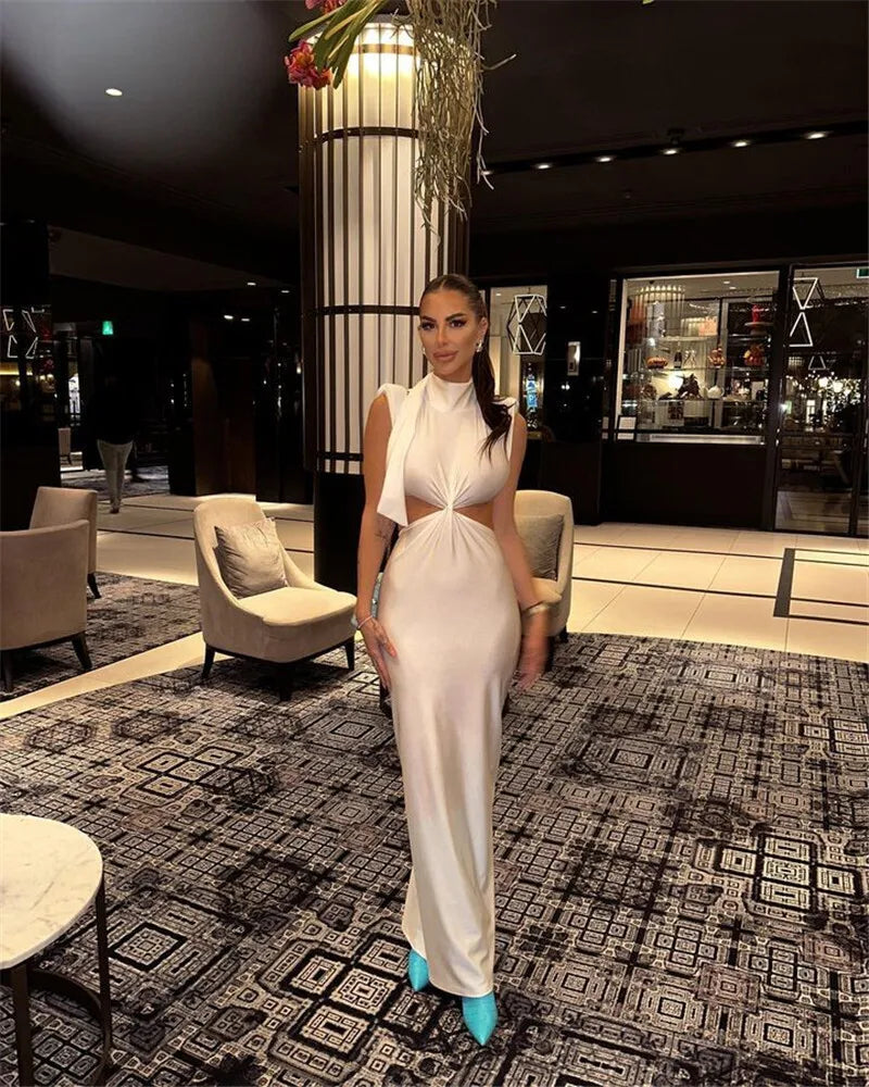 Hollow Out Turtleneck Solid Maxi Dress Mssaz Desses