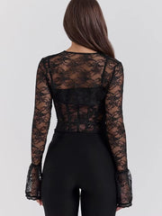 See Through Lace Pattern  Long Sleeve Print Floral Two Piece Tops Mssza